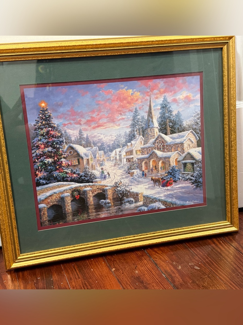Vintage Home Interiors Holiday Village Winter Scene Print in Green and Red Mat